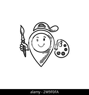 Mignon ligne doodle art boutique emplacement pin emoji. Esquisse à main levée Pinpoint. Adresse de carte émoticône comique. Drôle de caractère souriant Illustration de Vecteur