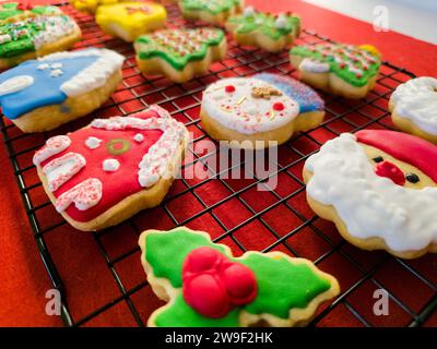 Une sélection de biscuits de Noël fraîchement cuits avec des décorations colorées disposées soigneusement sur une grille Banque D'Images