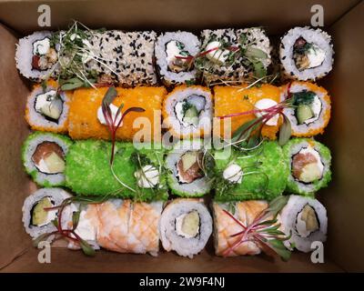 Une sélection colorée de rouleaux de sushi japonais traditionnels disposés dans un récipient à emporter Banque D'Images