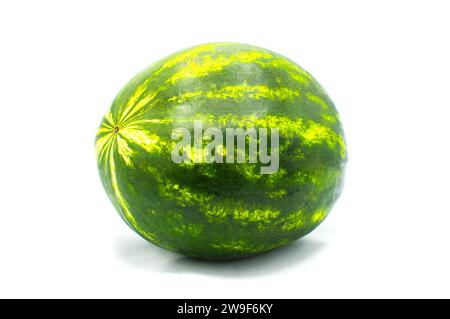 Pastèque - Citrullus lanatus - isolé sur fond blanc. Vert et jaune rayé délicieux fruits entiers sucrés comestibles, toute la profondeur du champ, cl Banque D'Images