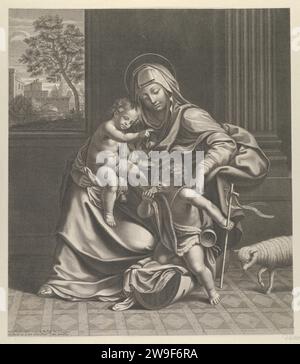 La Vierge assise avec l'enfant Christ sur ses genoux, le jeune Saint Jean Baptiste agenouillé sur le berceau du Christ et caressant son pied, agneau à droite, d'après Reni 1951 de Guido Reni Banque D'Images