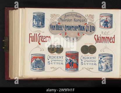Publicité pour Van Heel's Condensed Milk Cy. Ltd., anonyme, dans ou après 1908 imprimer la publicité est illustrée avec des dessins de canettes et deux médailles. Cette page fait partie d'un album. Publicité imprimée sur papier aux pays-Bas. conteneur de métal : seau, boîte, canister, tambour, étain Banque D'Images