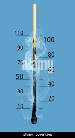La température monte sur cette allumette brûlante avec une échelle de thermomètre dans une illustration en 3D sur le réchauffement climatique et le changement climatique. Banque D'Images