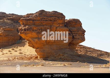 Roche érodée en forme de visage à Alula dans le désert arabe Banque D'Images