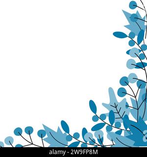 Cadre d'angle botanique abstrait avec des feuilles et des baies pour des dessins d'art ou de toile en bleu monochrome tendance. Espace de copie. Isoler. EPS. Vector concept Blue Monday cartes de voeux et autres utilisations différentes Illustration de Vecteur