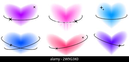 Cœurs Y2K avec éléments de ligne eclipse définis. Collection tendance de formes d'aura floues. Dégradé lisse flou avec des orbites ovales pour logo, modèle, badge, autocollant, collage, icône. Pack cœur Vector Sparkle Illustration de Vecteur