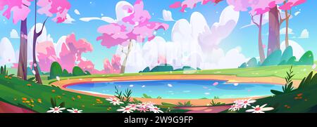 Paysage de printemps de dessin animé avec des arbres à fleurs roses autour du lac sur la journée ensoleillée. Paysage naturel vectoriel avec eau bleue dans l'étang, rivage couvert d'herbe verte, fleurs sauvages et buissons, ciel avec nuage. Illustration de Vecteur