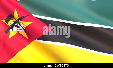 Rendu 3D - le drapeau national du Mozambique flotte dans le vent. Banque D'Images