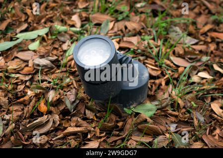 lumière d'éclairage de paysage de jardin sur le sol avec des feuilles séchées Banque D'Images