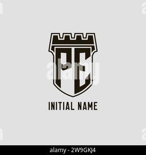 Monogramme PE avec logo bouclier forteresse logo design graphique vectoriel Illustration de Vecteur
