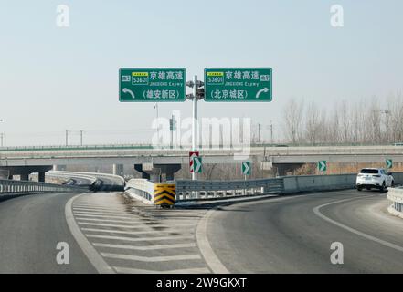 (231228) -- PÉKIN, 28 décembre 2023 (Xinhua) -- cette photo aérienne prise le 28 décembre 2023 montre des panneaux de direction sur la voie rapide Beijing-Xiong'an à Pékin, capitale de la Chine. Un nouveau segment de l'autoroute Beijing-Xiong'an a ouvert à la circulation jeudi, marquant l'achèvement de l'ensemble de l'autoroute, selon l'autorité des transports de la Chine.l'autoroute directe entre Pékin et Xiong'an New Area, dans la province du Hebei, dans le nord de la Chine, réduira le temps de conduite entre la cinquième rocade sud-ouest de Pékin et la nouvelle zone de Xiong'an à une heure, a déclaré le ministère des Transports. Le corps principal de Th Banque D'Images