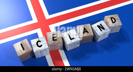 Islande - cubes en bois et drapeau du pays - illustration 3D. Banque D'Images