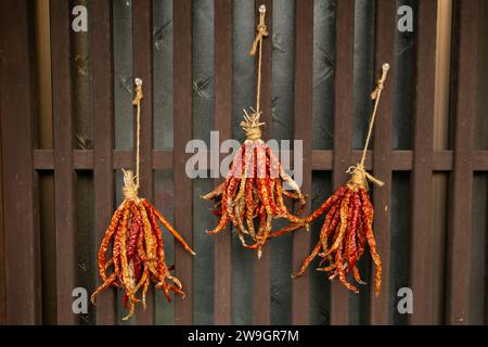 Piments séchés suspendus au soleil dans une rue de Magome au Japon. Banque D'Images