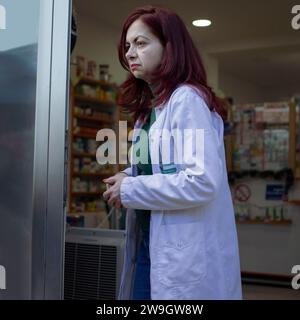 Belgrade, Serbie, 24 décembre 2023 : Portrait d'une pharmacienne debout à l'entrée de la pharmacie Banque D'Images