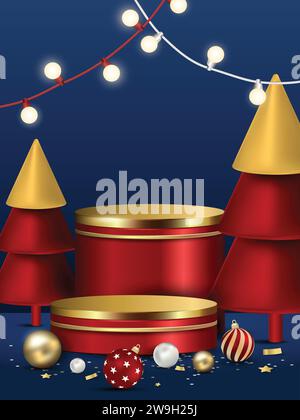 Décoration de podium d'étape de Noël de style 3D pour l'affichage de produit sur fond bleu, conception vectorielle Illustration de Vecteur