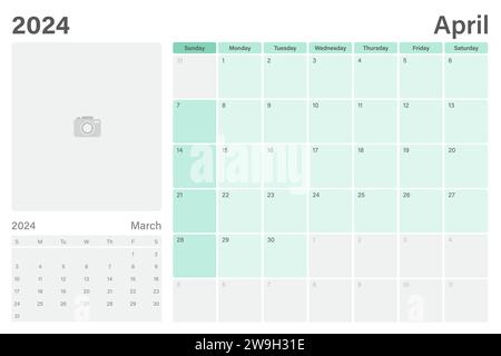 Calendrier de table ou planificateur de bureau avril 2024 avec espace pour votre photo, conception vectorielle, les semaines commencent le dimanche Illustration de Vecteur