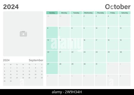 Calendrier de table ou planificateur de bureau octobre 2024 avec espace pour votre photo, conception vectorielle, les semaines commencent le dimanche Illustration de Vecteur