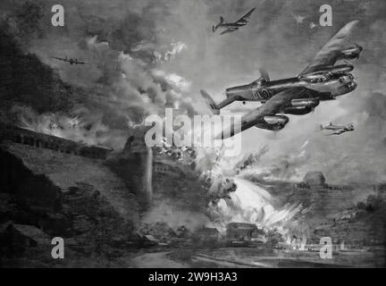 Les bombardiers Avro Lancaster, alias les Dambusters, attaquent un barrage allemand lors de l'opération Chastise (16 au 17 mai 1943). Au cours du raid du 617e escadron RAF Bomber Command, il a utilisé des « bombes rebondissantes » spéciales développées par Sir Barnes Wallis pour détruire les barrages hydroélectriques de Möhne et Edersee dans la vallée industrialisée de la Ruhr, qui étaient vitales pour la production allemande de matériel de guerre. Banque D'Images