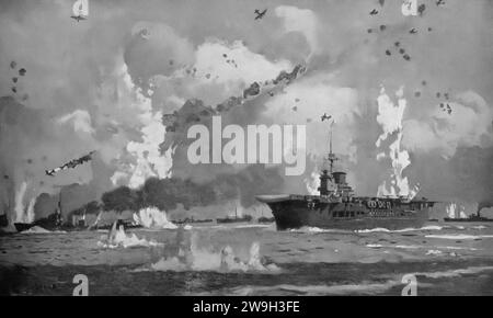 Tableau de Norman Wilkinson illustrant l'action dans l'Atlantique Nord du 12 au 16 septembre 1942, pendant la Seconde Guerre mondiale. Le convoi allié se dirigeant vers la Russie subit une attaque constante et lourde de bombardiers allemands et de sous-marins U-Boot ; la plupart des cargos atteignent leur destination. Banque D'Images