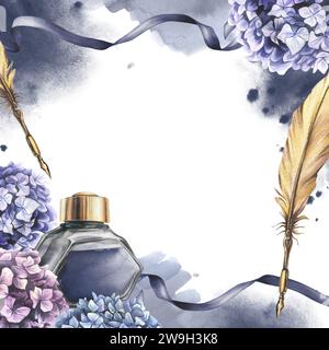 Puits d'encre à l'encre bleue, stylo or, fleurs d'hortensia, rubans, taches et éclaboussures. Illustration à l'aquarelle dessinée à la main. Cadre, modèle carré pour le texte Banque D'Images
