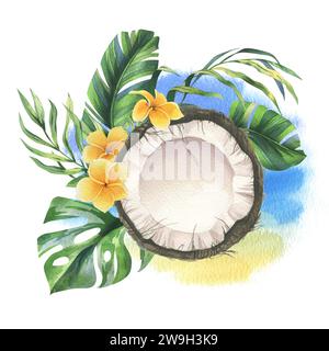 Noix de coco entières, moitiés et morceaux avec des feuilles de palmier tropicales, vertes et lumineuses et des fleurs de plumeria jaunes. Illustration à l'aquarelle dessinée à la main. Pré-fabriqué Banque D'Images