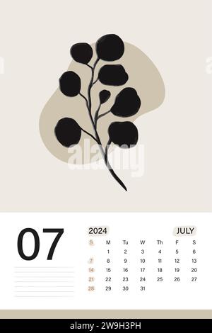 Calendrier mural juillet 2024 en thème de couleur beige doux avec art botanique, les semaines commencent le lundi, conception d'illustration vectorielle Illustration de Vecteur