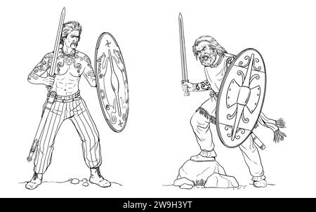 Guerriers celtiques à l'attaque. Dessiner avec des ennemis romains. Banque D'Images