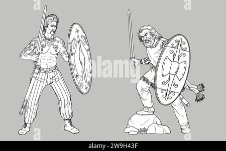 Guerriers celtiques à l'attaque. Dessiner avec des ennemis romains. Banque D'Images