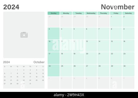 Calendrier de table de novembre 2024 ou planificateur de bureau avec espace pour votre photo, conception vectorielle, les semaines commencent le dimanche Illustration de Vecteur