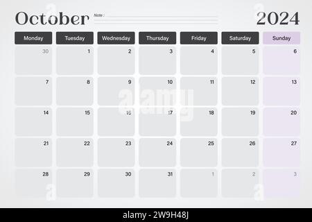 Calendrier octobre 2024 ou planificateur de bureau en couleurs gris doux et violet avec des lignes de note vides, les semaines commencent le lundi, conception d'illustration vectorielle Illustration de Vecteur