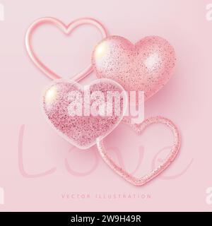 Composition créative romantique de la Saint Valentin. Coeurs roses brillants 3D. Illustration vectorielle dans un style réaliste Illustration de Vecteur