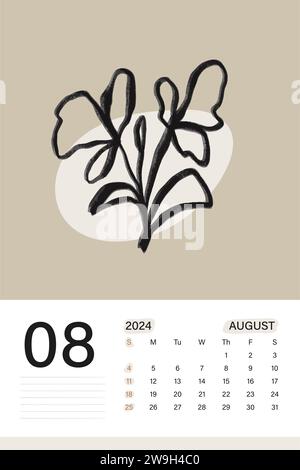 Calendrier mural août 2024 en thème de couleur beige doux avec art botanique, les semaines commencent le lundi, conception d'illustration vectorielle Illustration de Vecteur