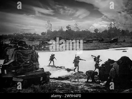 Les troupes britanniques avec des véhicules blindés traversant un gué dans le nord de la Tunisie après de lourdes contre-attaques à la fin de février 1943, par l'armée allemande pendant la campagne alliée du désert occidental de la Seconde Guerre mondiale. Banque D'Images