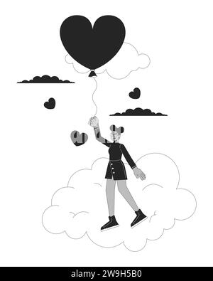 Fille noire volant avec ballon au-dessus des nuages noir et blanc personnage de dessin animé de ligne 2D. Illustration de Vecteur