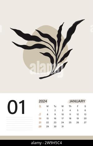 Calendrier mural janvier 2024 en thème de couleur beige doux avec art botanique, les semaines commencent le lundi, conception d'illustration vectorielle Illustration de Vecteur