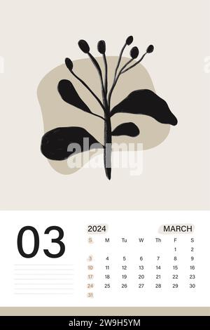 Calendrier mural Mars 2024 en thème de couleur beige doux avec art botanique, les semaines commencent le lundi, conception d'illustration vectorielle Illustration de Vecteur