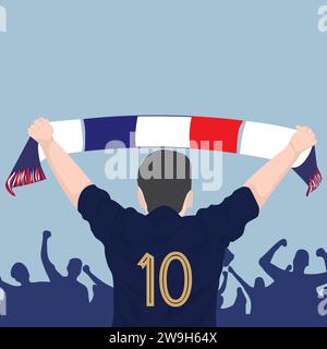 vecteur joueur supporter maillot bleu foncé tenant drapeau de vente en main soutenant son pays, design plat. Illustration de Vecteur