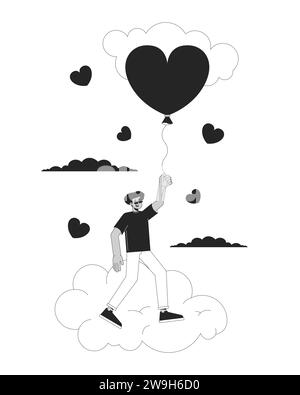 Homme hispanique volant avec ballon au-dessus des nuages noir et blanc personnage de dessin animé de ligne 2D. Illustration de Vecteur