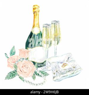 Champagne, bouteille, verres, roses, anneaux, aquarelle, isolée sur fond blanc. Invitations de mariage, couvertures, cartes de vœux, enveloppes, affiches. Banque D'Images