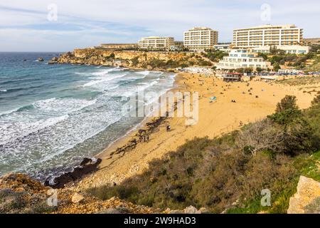 Golden Bay près de Manikata, à Malte, attire de nombreux baigneurs avec son sable doré et ses vagues fortes, tandis que les bâtiments du Radisson Blu Resort & Spa Malta Golden Sands bordent les falaises au-dessus. Banque D'Images