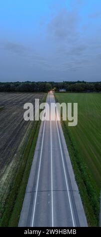 Cette image verticale montre une route de campagne prise au crépuscule, capturée d'une vue aérienne. La route crée un point de fuite frappant, éclairé par les phares d'un véhicule isolé au loin. À gauche, la dernière lumière du jour touche les vestiges des champs récoltés, tandis qu'à droite, une végétation luxuriante suggère vitalité et vie. Le ciel au-dessus, un dégradé du bleu crépuscule aux gris doux de l'approche de la nuit, couronne la scène avec un sentiment de transition calme du jour à la nuit. Voyage au crépuscule sur une route de campagne. Photo de haute qualité Banque D'Images