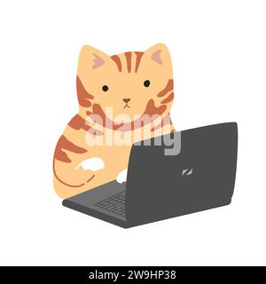 Chat drôle dans des verres assis à un ordinateur portable et tient une tasse de café. Autocollant chat avec un look sérieux. Bon pour les autocollants, les t-shirts et les cartes postales. Isolé. Illustration de Vecteur