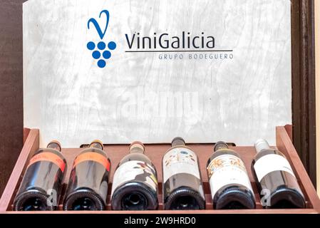 Toronto, Ontario, Canada-6 janvier 2020 : bouteilles de vin de marque ViniGalicia exposées dans une caisse en bois. La tradition vinicole de ViniGalice est née Banque D'Images