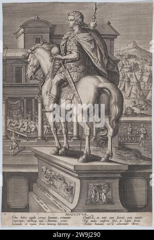 Planche 2 : Statue équestre d'Auguste, tenant un globe terrestre et vue de derrière, avec une fête se produisant à gauche en arrière-plan, de 'Roman Emperors on Horseback' 1949 par Adriaen Collaert Banque D'Images