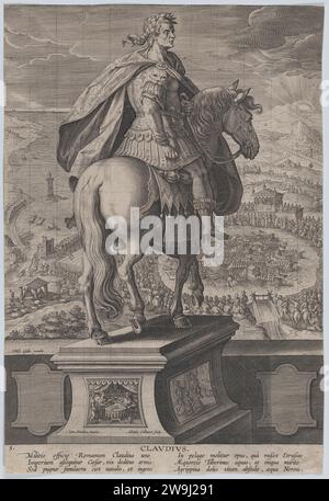 Planche 5 : Statue équestre de Claudius, vue de derrière, une compétition navale à droite en arrière-plan, de 'Roman Emperors on Horseback' 1949 par Adriaen Collaert Banque D'Images