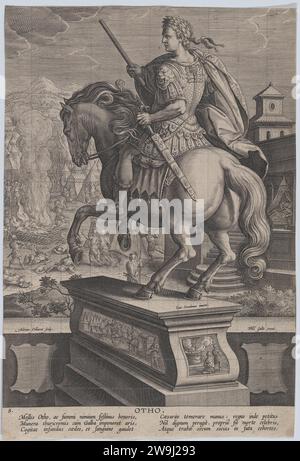 Planche 8 : Statue équestre d'Othon, vue de derrière, scène de sa mort en arrière-plan avec lui se poignardant à droite et brûlant son corps à gauche, d'après 'Roman Emperors on Horseback' 1949 par Adriaen Collaert Banque D'Images