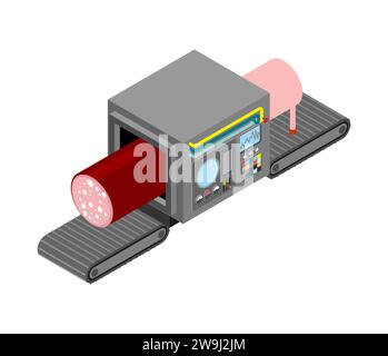 Production automatique de saucisses. Vache et saucisses complexe de production d'équipements technologiques. Produits à base de viande machine d'ingénierie isométrique. Production alimentaire Illustration de Vecteur