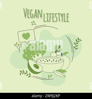 Groupe de légumes et de fruits avec une salade Vegan Lifestyle Vector Illustration de Vecteur