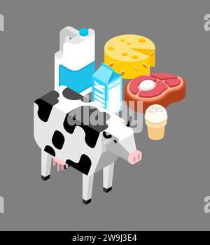 Produits de vache : ensemble de produits laitiers. Lait et fromage, crème glacée Illustration de Vecteur