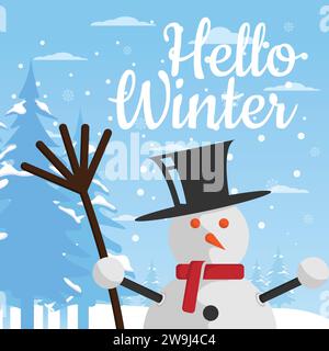 Bonjour Winter Snowman personnage vector design de fond. Bonjour l'hiver. Carte de voeux avec bonhommes de neige et flocons de neige. Bonhomme de neige avec chapeau, écharpe et moufles Illustration de Vecteur